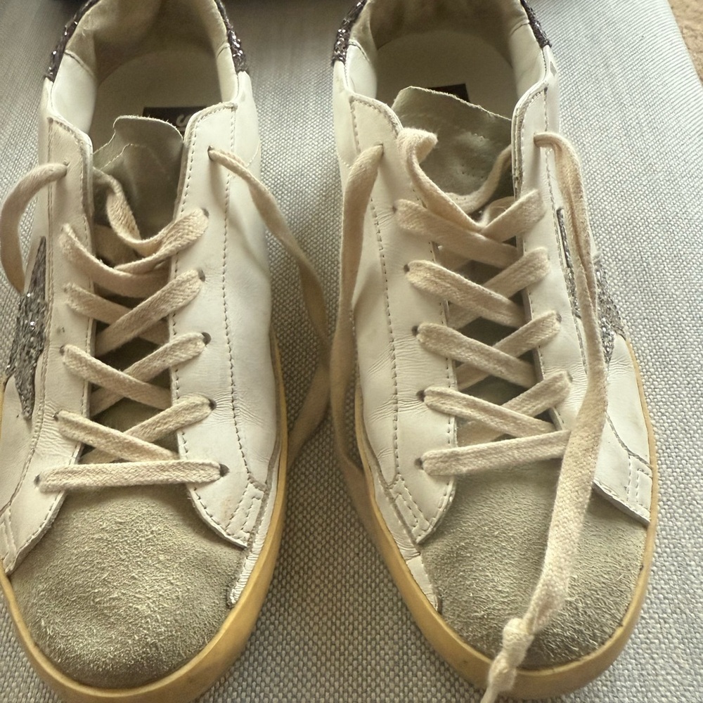 Golden Goose White and Tan Sneakers